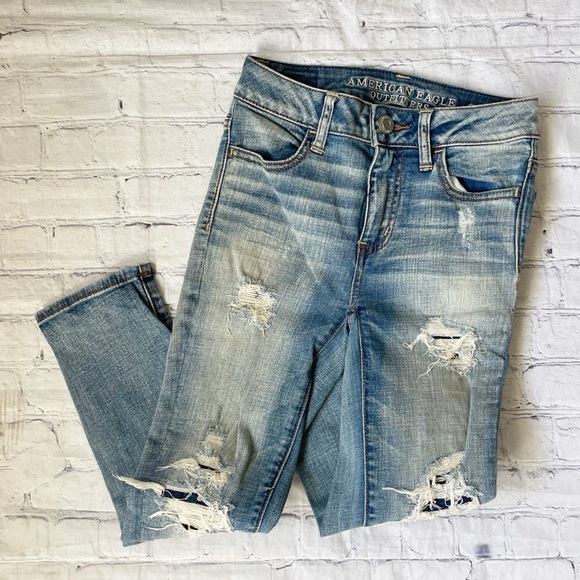 American Eagle Outfitters Denim - American Eagle Light/Medium Wash Distressed High Rise Cropped Jeggings